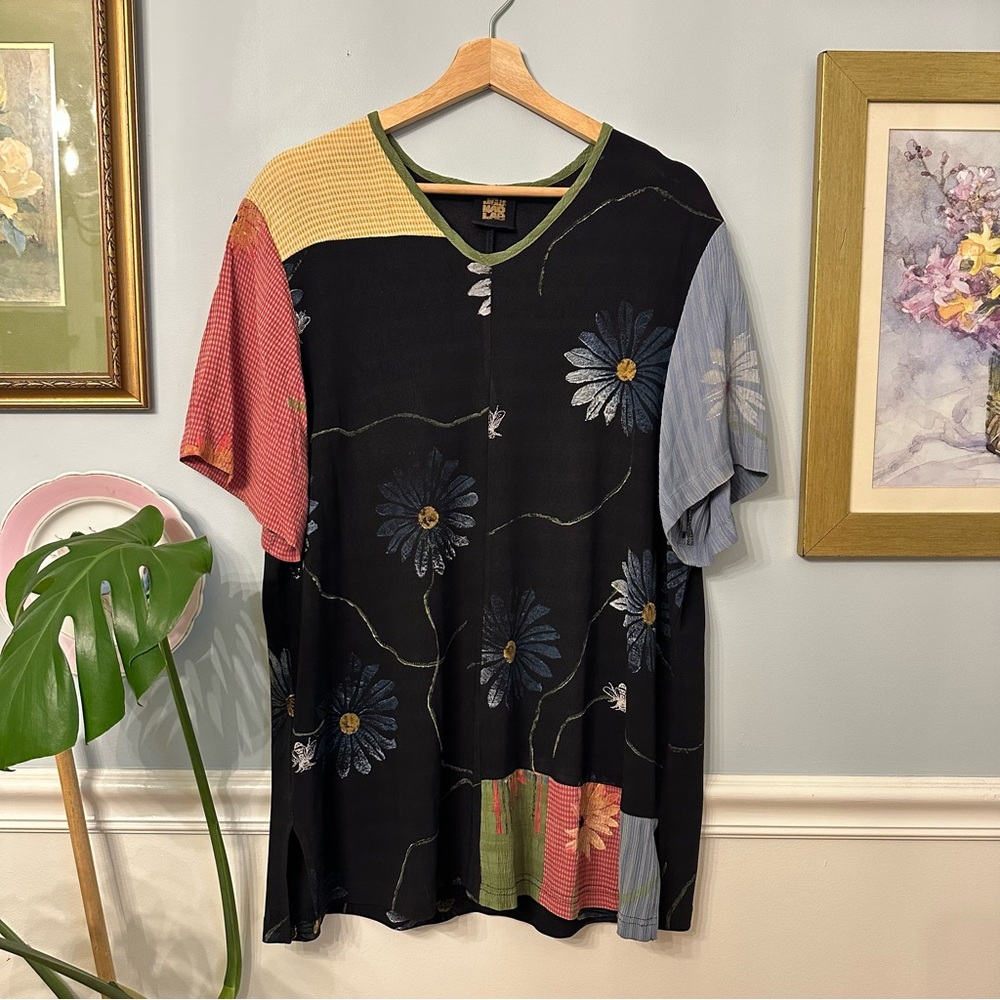 VTG JGs Mad Lab Hand Painted Top Large Floral Patchwork Art To Wear Artsy Quirky